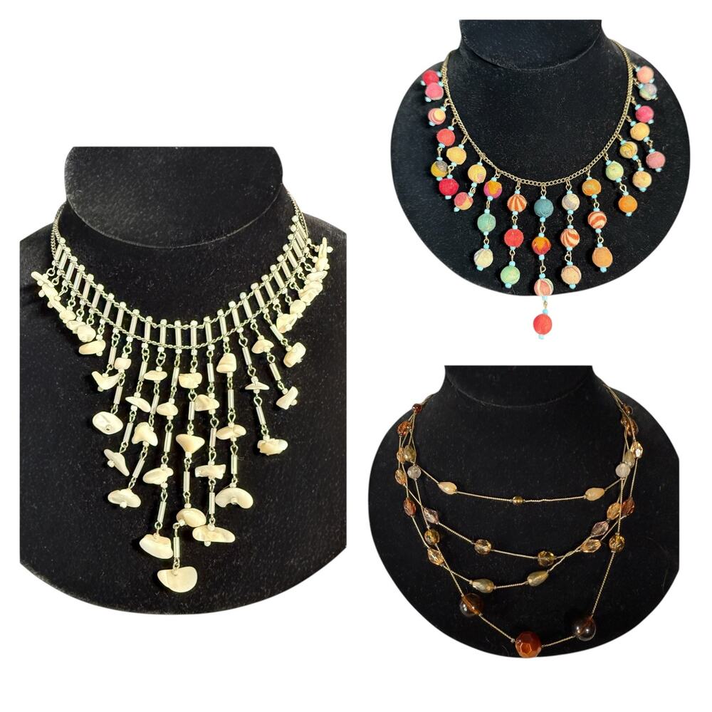Lot of 3 Y2K Necklaces Tribal‎ Cloth Beads Shells Muti Strand Bib Collar Costume
